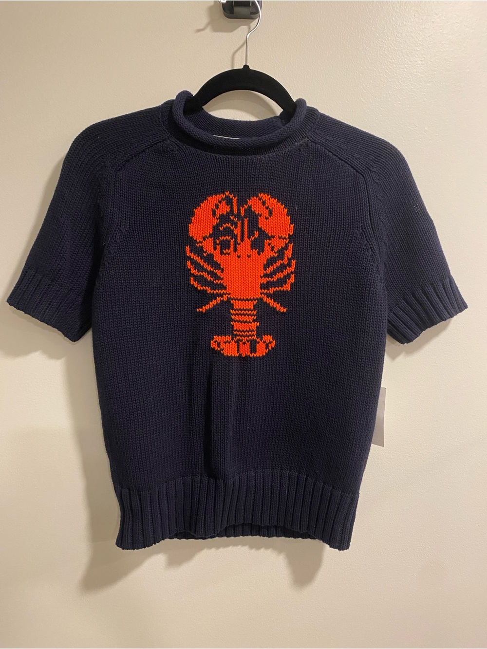 Navy Blue Short-Sleeve Knit Sweater with Red Lobster Motif - size small
